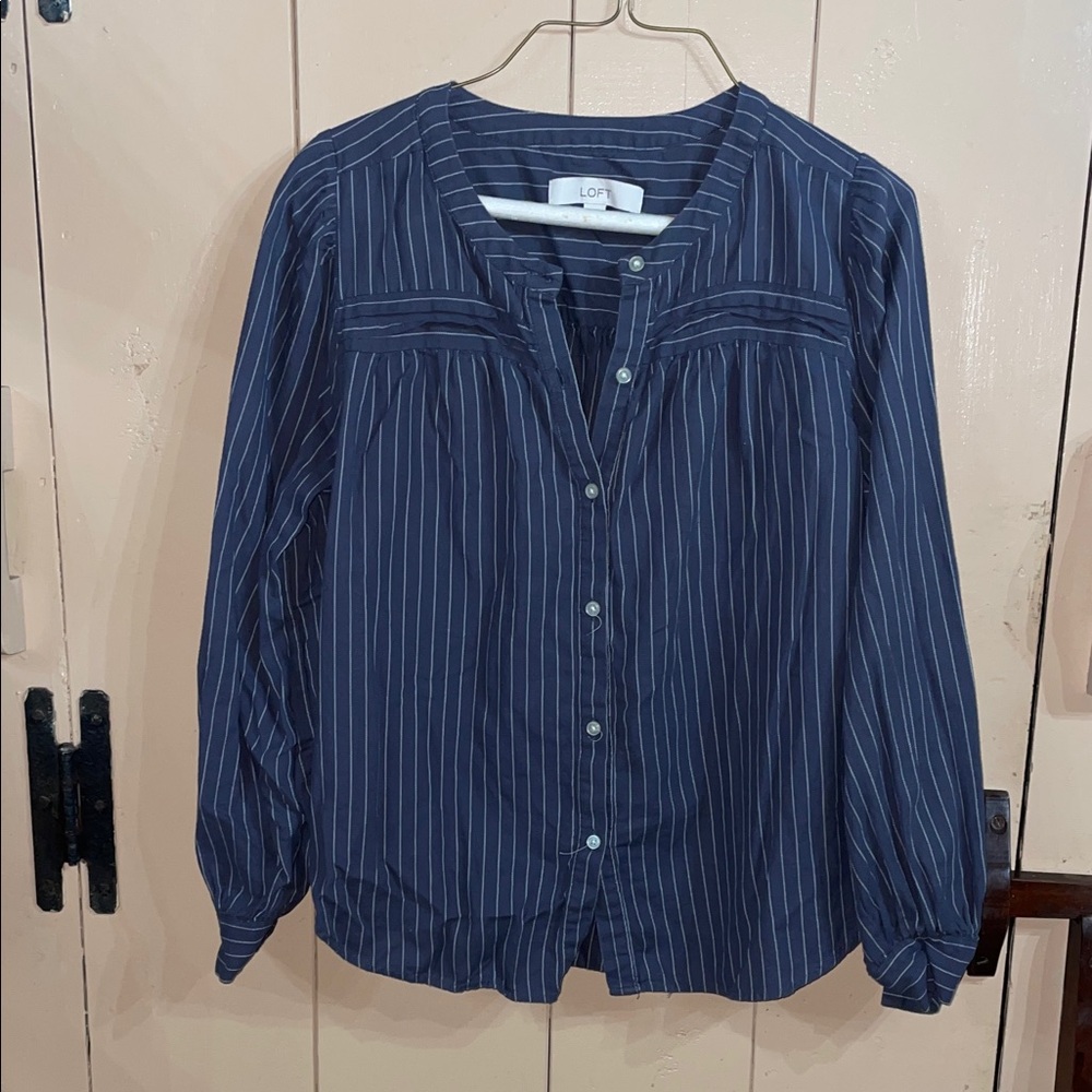 LOFT Gray and White Pinstripe Blouse, button down with pleats, small